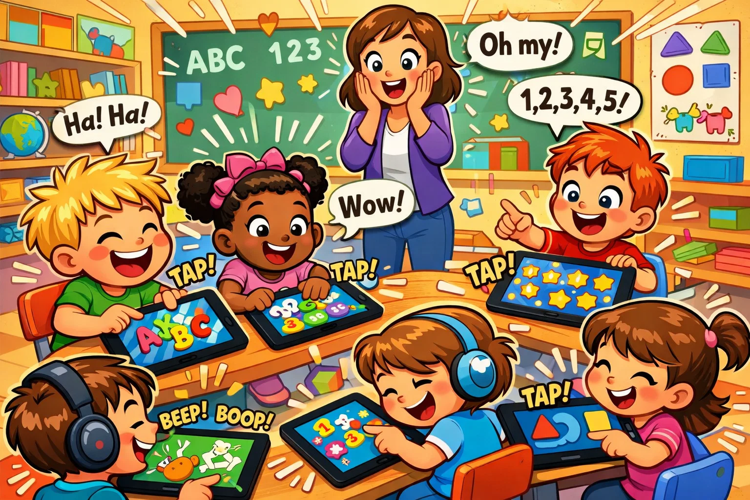 Best apps for preschool learning, kids using educational apps for letters numbers and shapes.