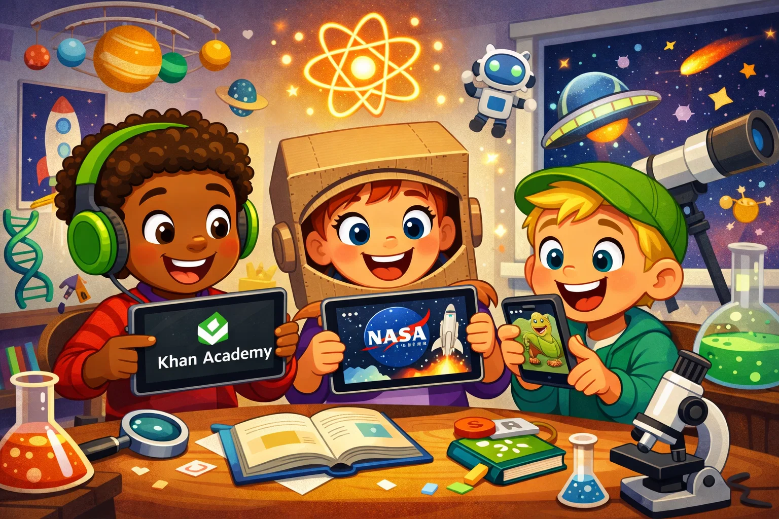 Kids using best free science apps for learning, exploring space and science topics.
