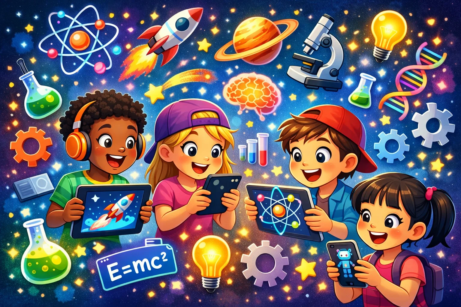Children using best science learning apps for discovery, with rockets, astronauts, and science symbols.