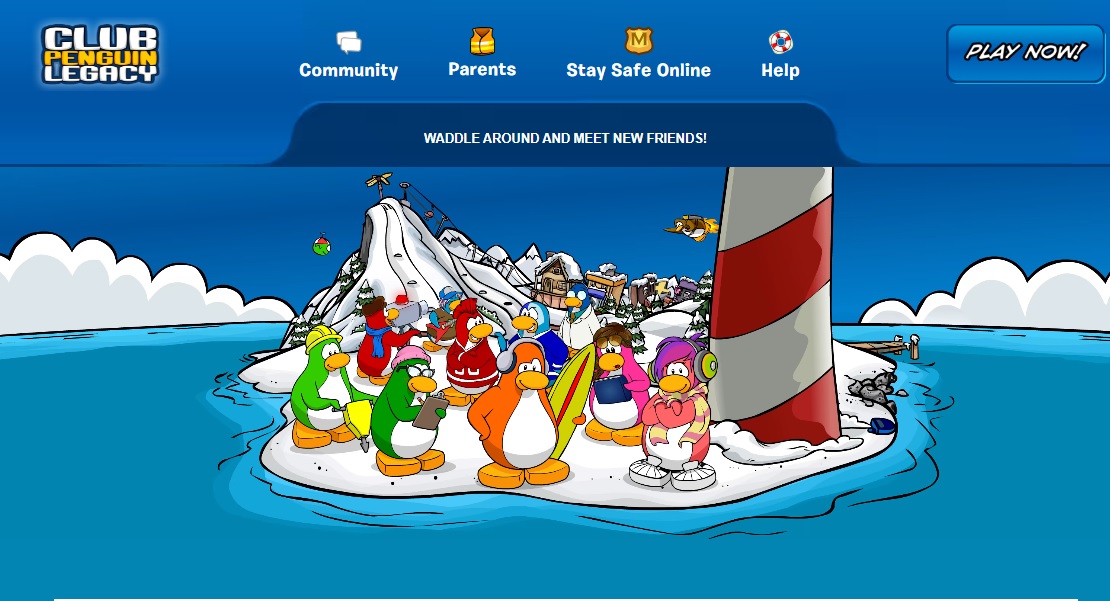 club-penguin-legacy-homepage Club Penguin Legacy homepage with cartoon penguins, a lighthouse, and snowy mountains.