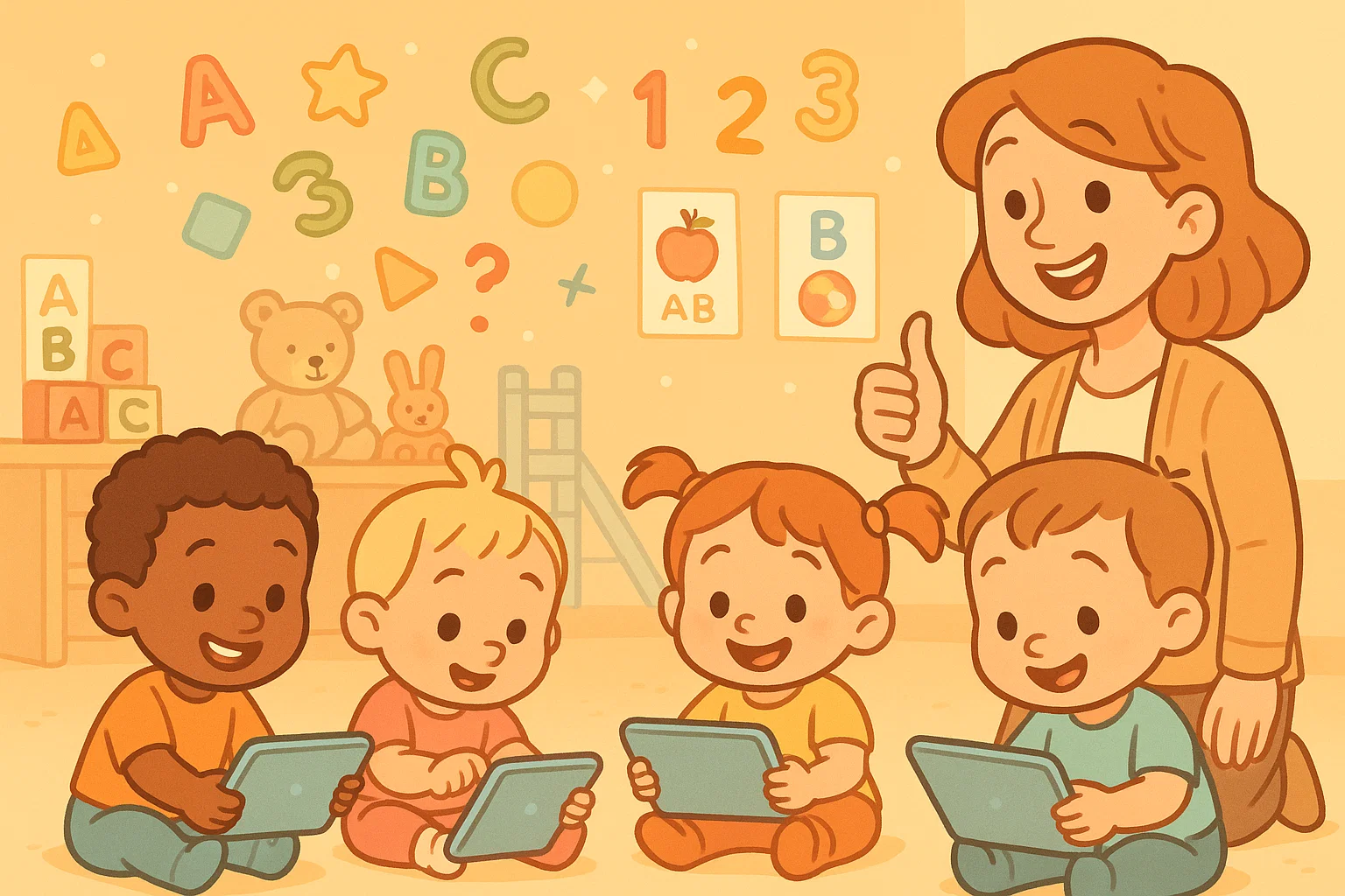 A teacher supervising diverse toddlers using tablets for learning, showing approval.