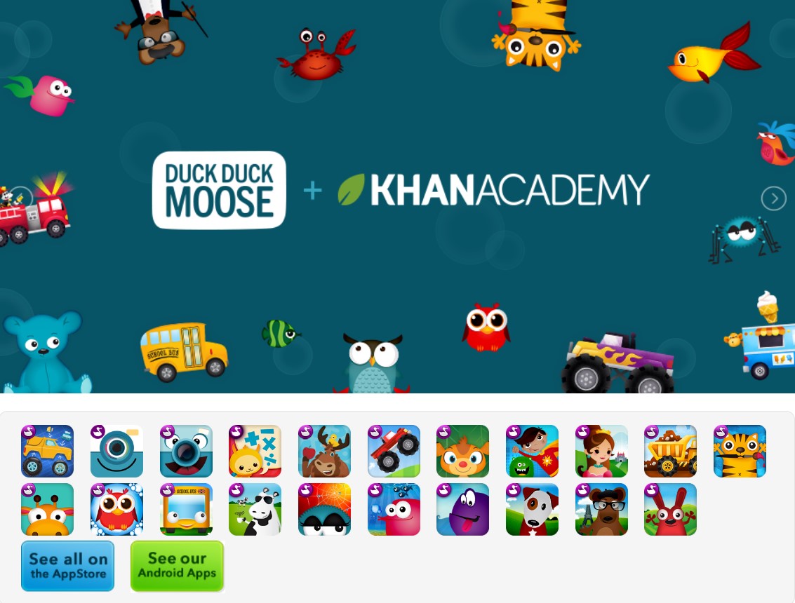 duck-duck-moose-khan-academy-educational-apps Duck Duck Moose and Khan Academy logos with a selection of their educational app icons.
