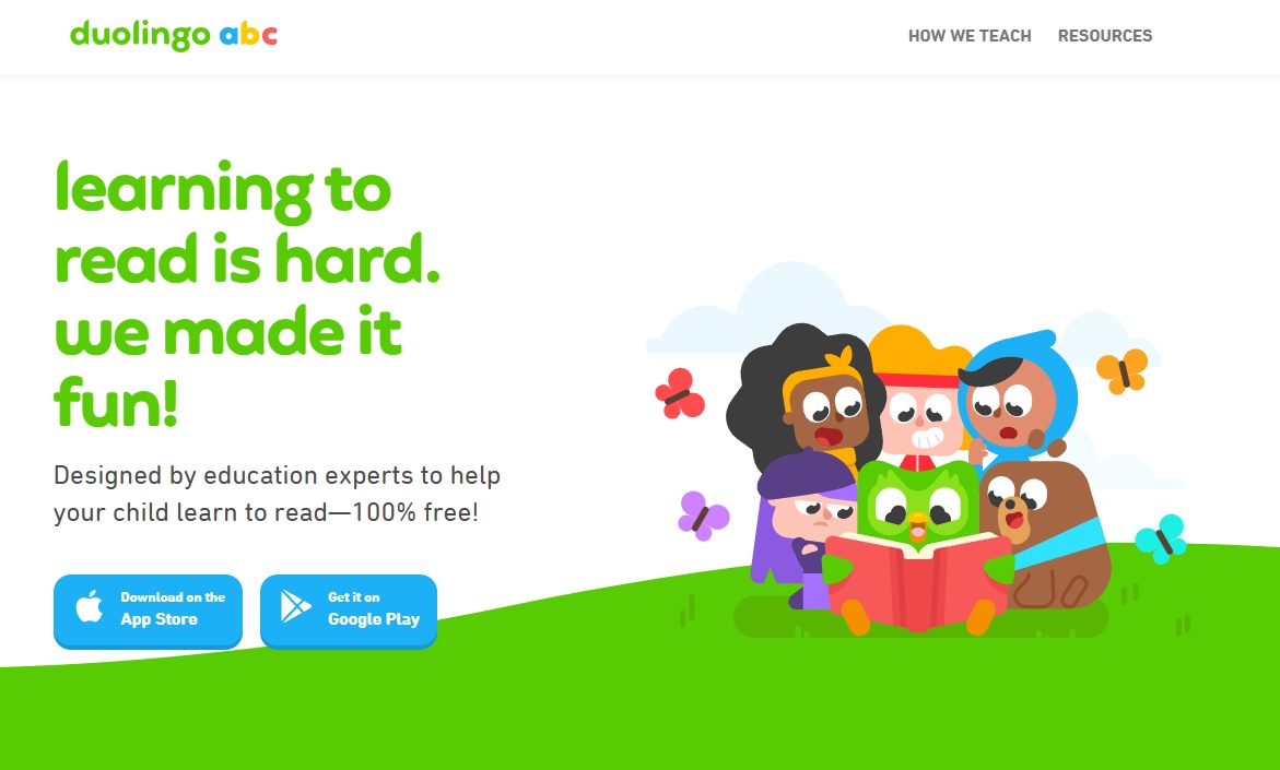 duolingo-abc-app-landing-page Duolingo ABC app with diverse cartoon characters learning to read.