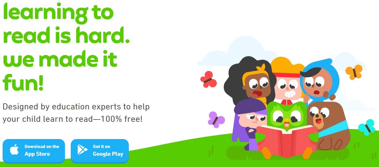 duolingo-learning-to-read-fun Duolingo owl and animated characters reading a book, making learning to read fun.