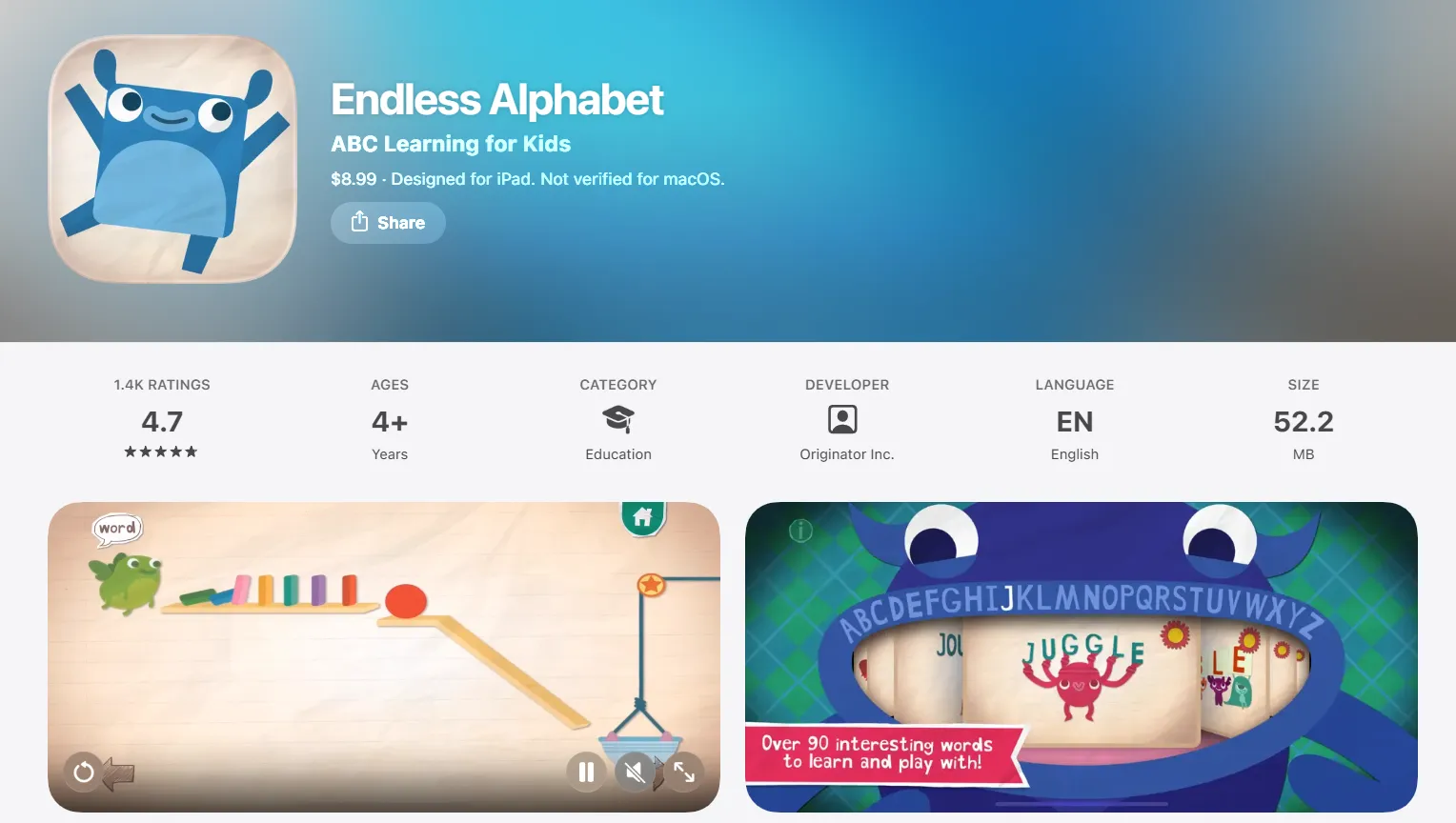 Endless Alphabet app screenshot teaching kids letters and vocabulary.
