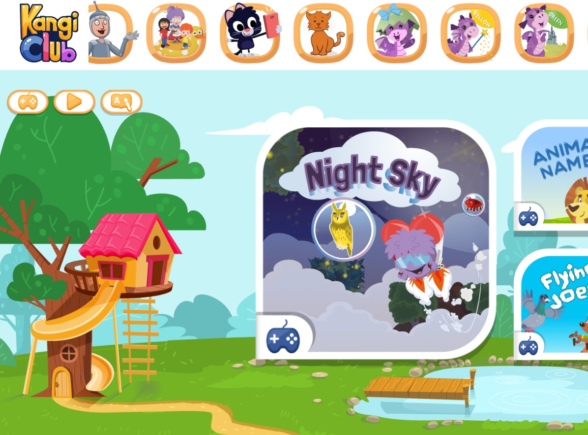 kangi-club-kids-app-interface Kangi Club kids app interface with game modules and colorful cartoon characters.