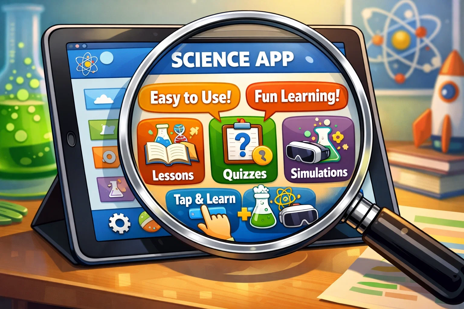 Key features of science apps on a tablet with interactive lessons and simulations.
