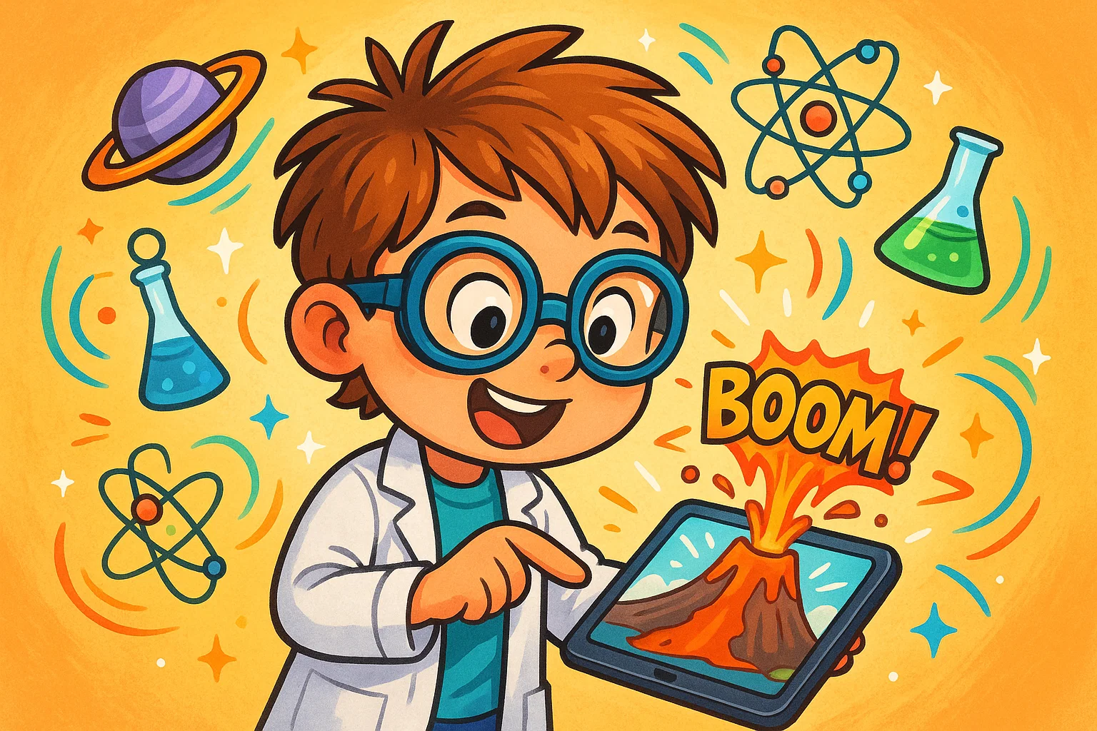 Kids science apps educational learning tablet showing interactive experiments with chemistry and space science elements for children. Kids science apps educational learning tablet showing interactive experiments with chemistry and space science elements for children.