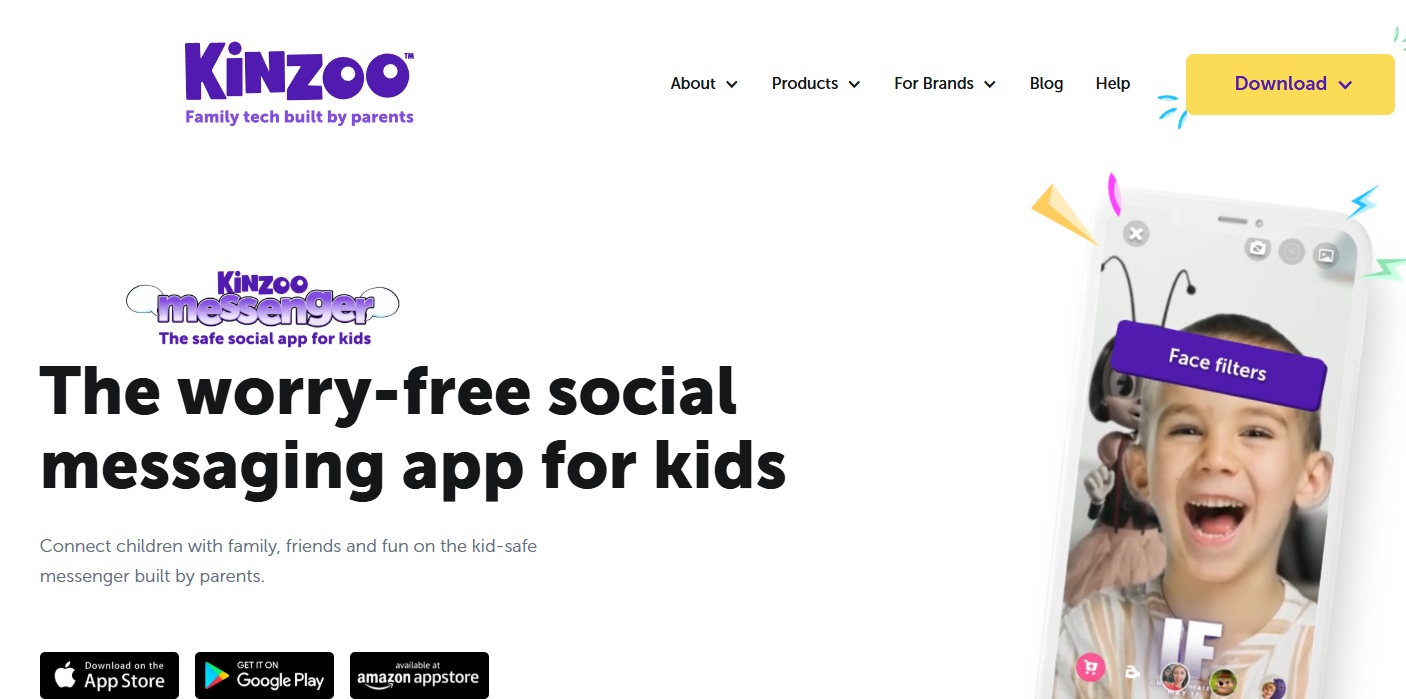 kinzoo-app-safe-social-messaging Kinzoo app for safe social messaging, showing a child using face filters.