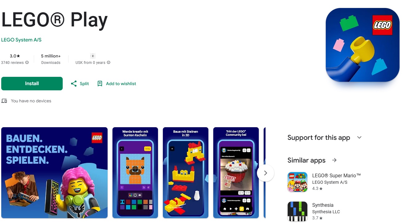 lego-play-app-google-play LEGO Play app page on Google Play showing app features and screenshots.