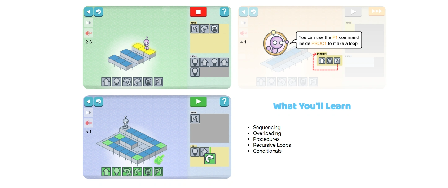 lightbot-programming-puzzles-kids-coding-app-interface Lightbot programming puzzles kids coding app interface with robot character and visual commands for learning computer science basics.
