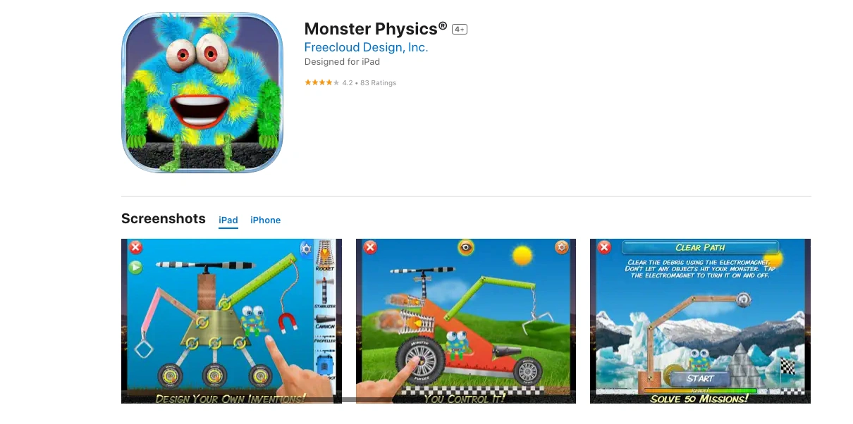 monster-physics-app-store-ipad-physics-learning-game Monster Physics app store iPad physics learning game with construction challenges and engineering puzzles for kids.