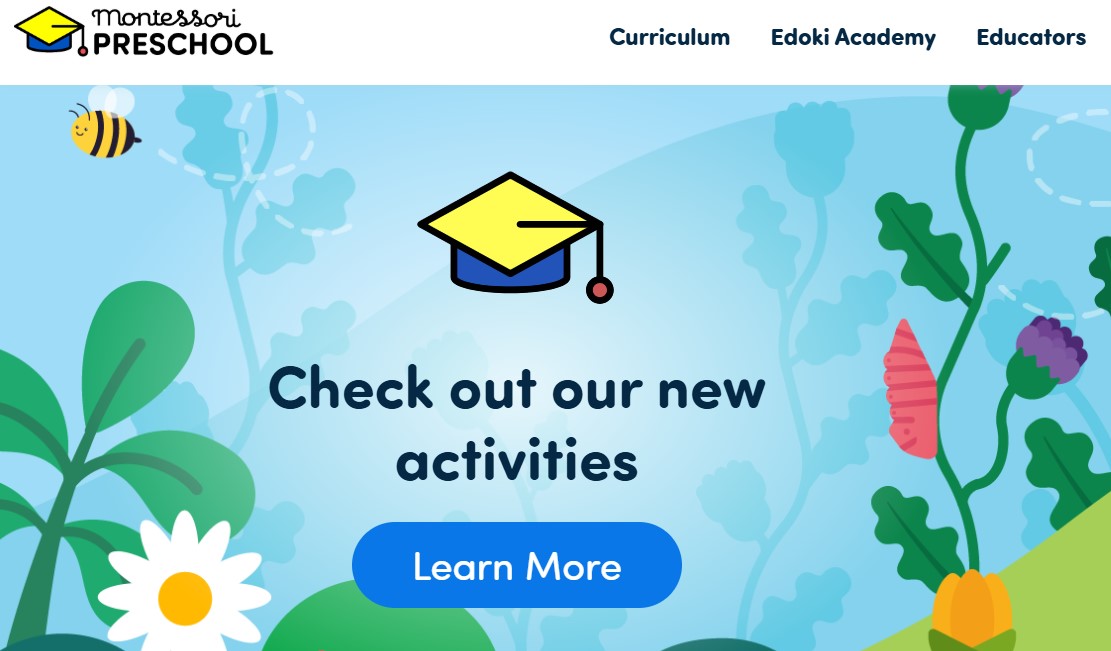 montessori-preschool-new-activities Montessori Preschool logo, a graduation cap icon, and a button to learn more about new activities.