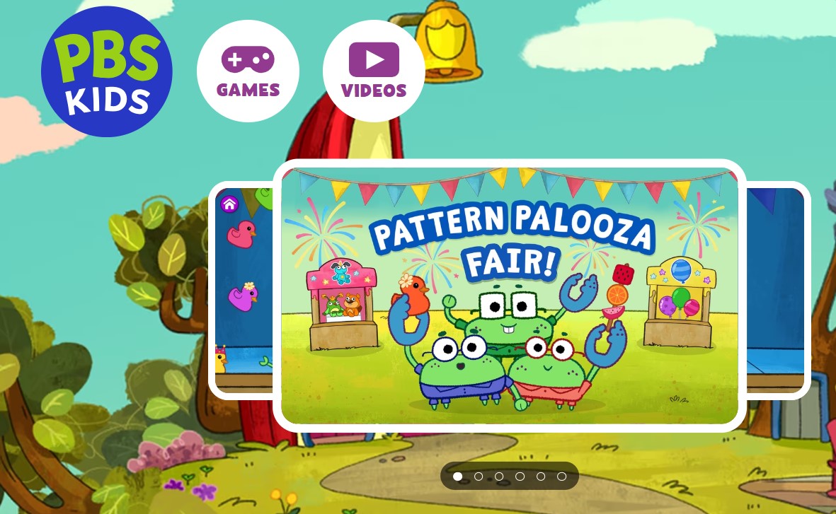 pbs-kids-pattern-palooza-fair-game PBS Kids app interface showing "Pattern Palooza Fair" game with cartoon characters and fair tents.