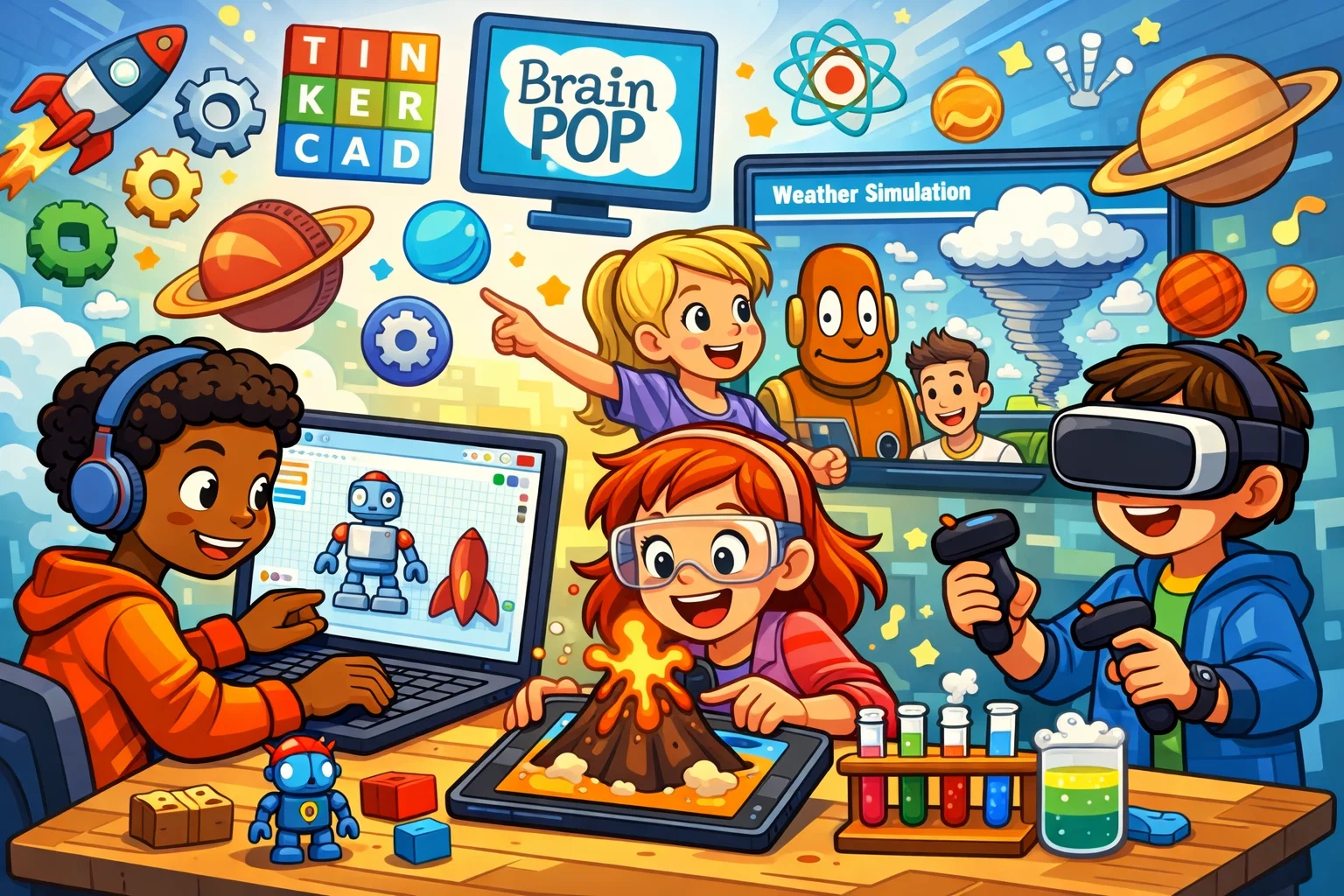  Students using popular science apps for learning STEM, building models and experimenting.
