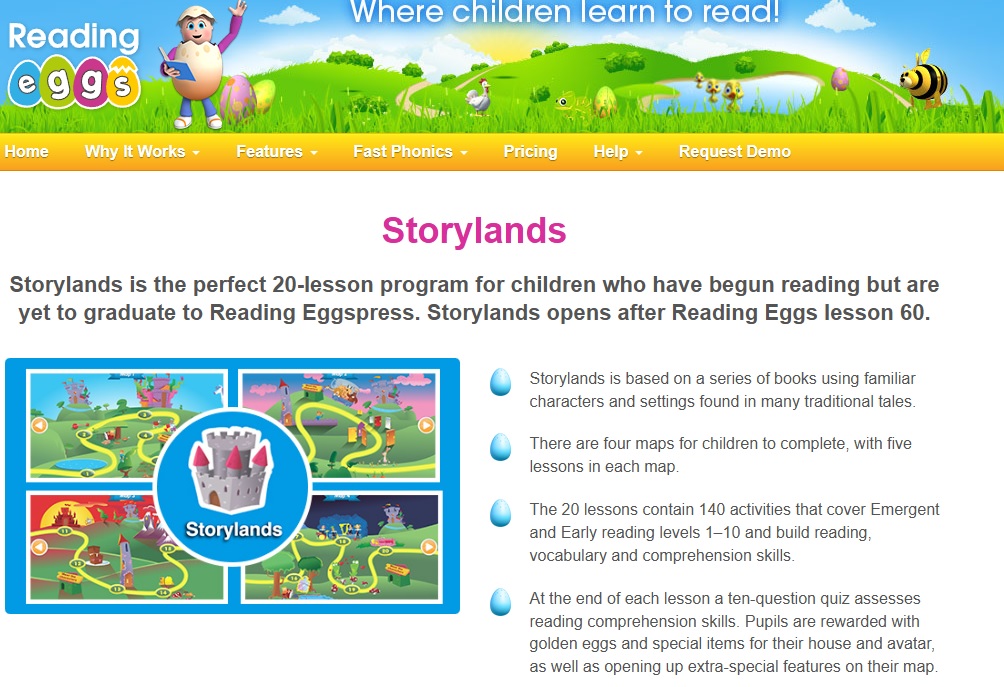 reading-eggs-storylands-program Reading Eggs Storylands program overview with map and learning objectives.