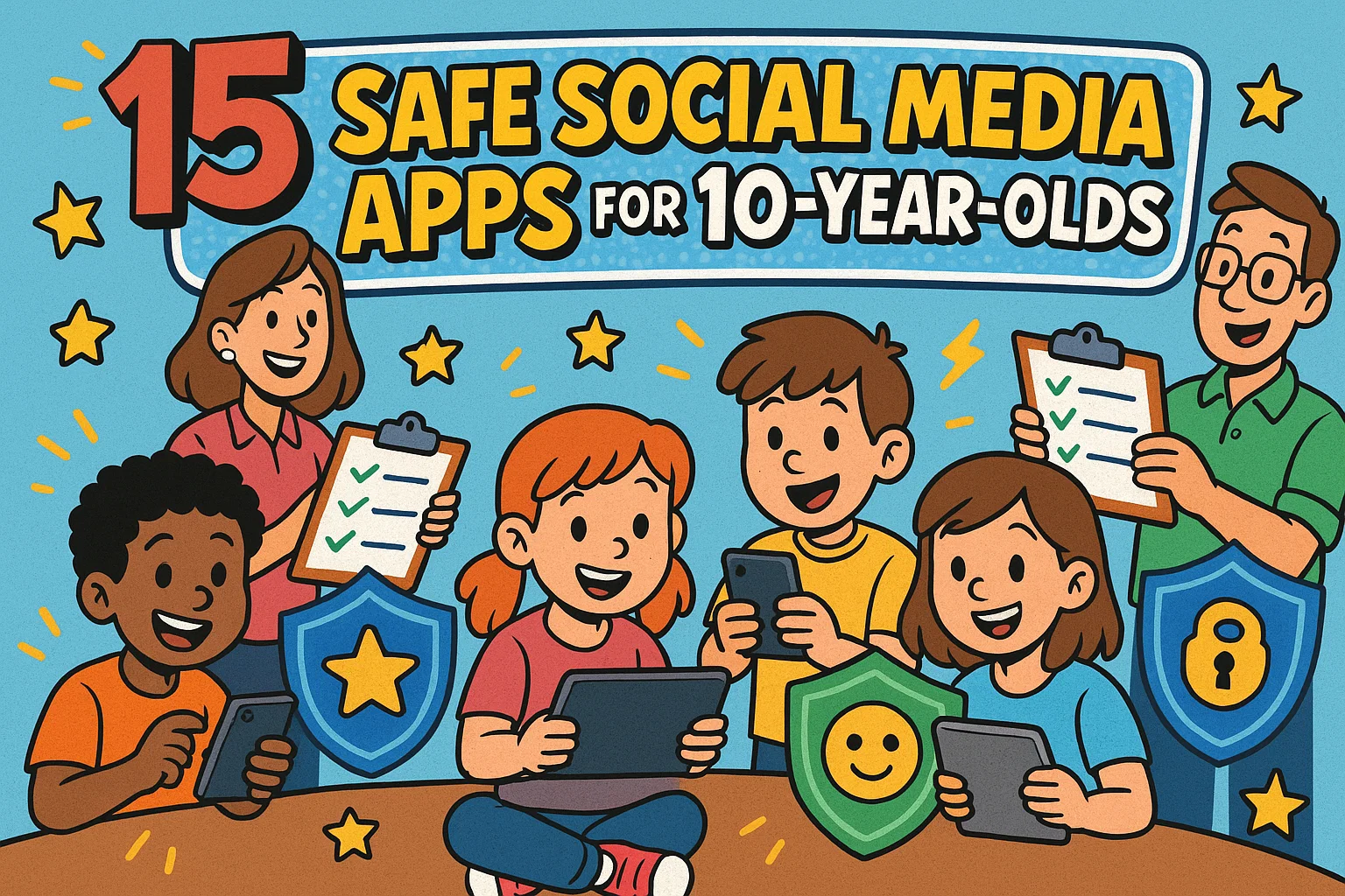 Kids using safe social media apps for kids with parents and safety shields.