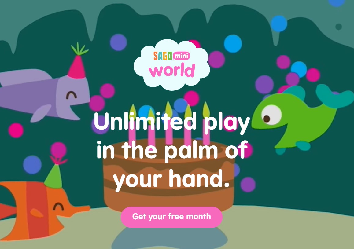 sago-mini-world-unlimited-play Sago Mini World logo above a cake with candles, surrounded by playful fish and confetti.