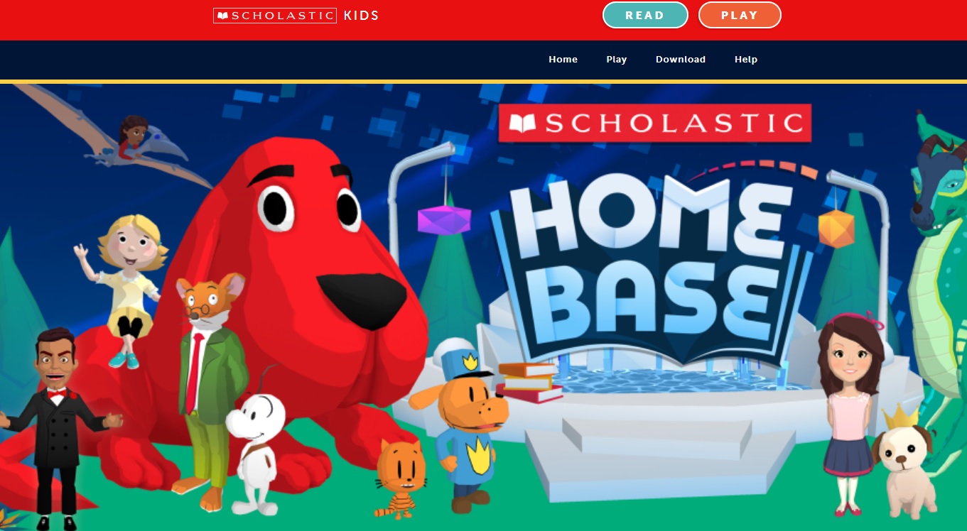 scholastic-home-base-game Scholastic Home Base game splash screen with Clifford and other characters.