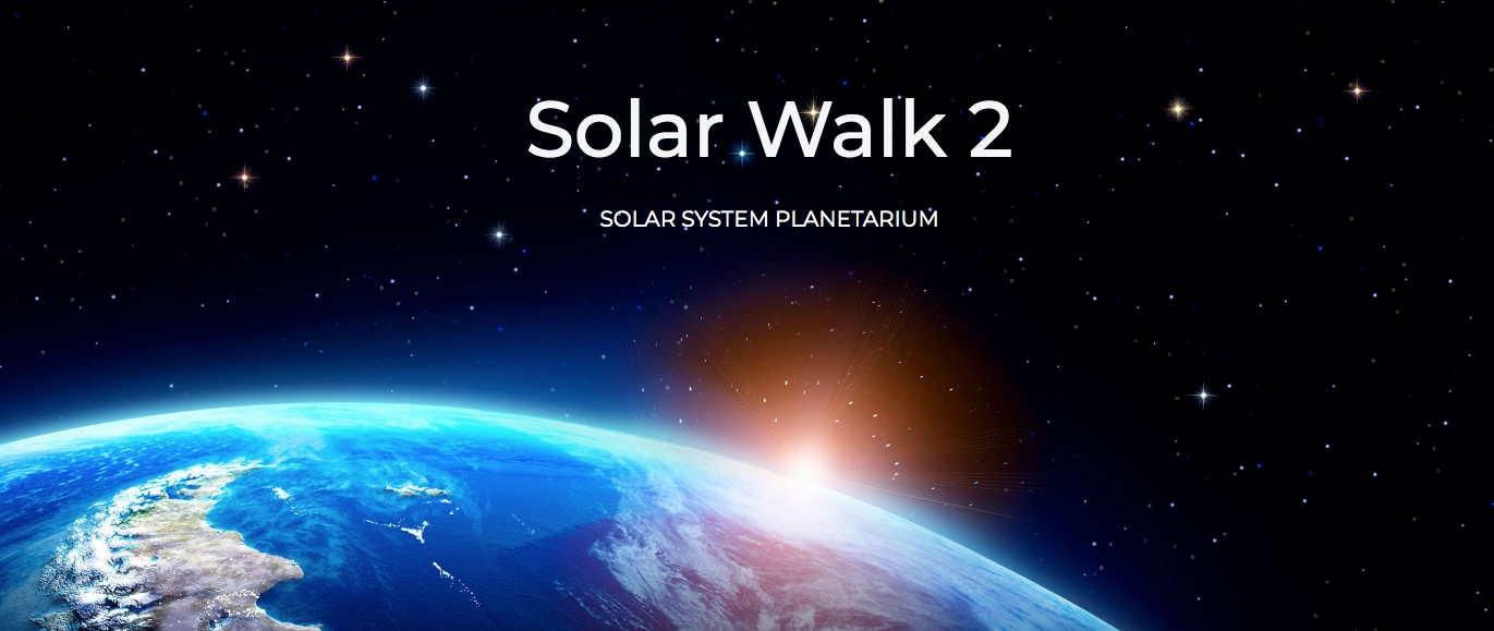 solar-walk-2-planetarium-app-earth-space-view Solar Walk 2 planetarium app showing Earth from space view with sun and stars for astronomy education.