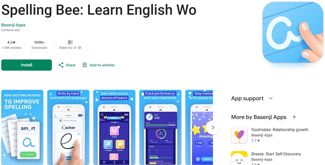 spelling-bee-english-words-app Spelling bee english words app on a mobile device display.