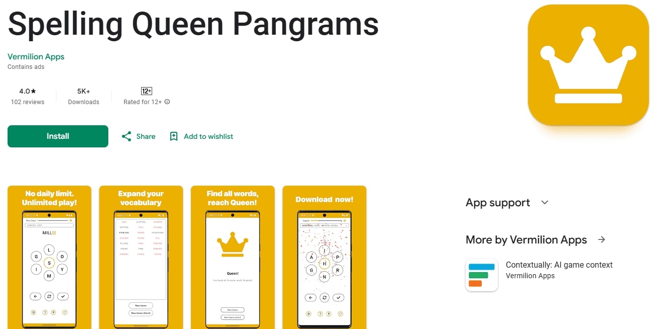 spelling-queen-pangrams-app Spelling queen pangrams app with a yellow crown icon.