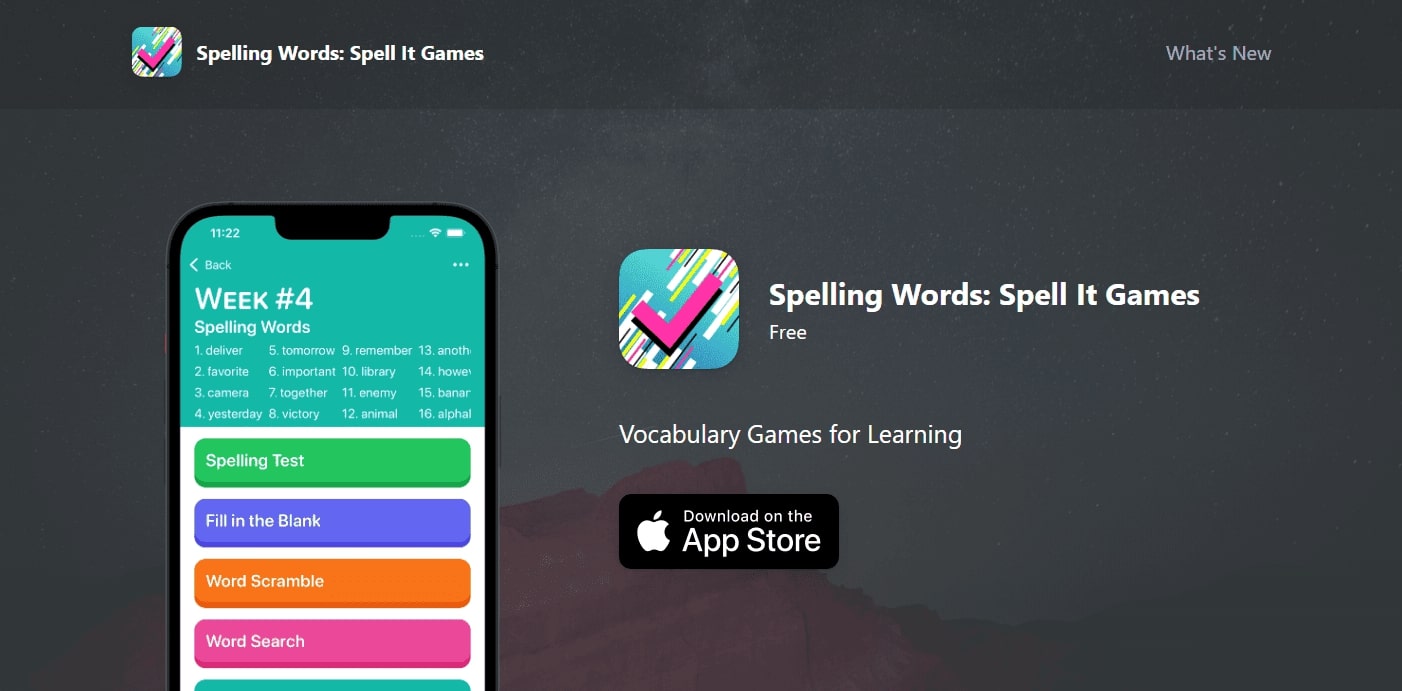 spelling-words-spell-it-games-app Spelling words spell It games app interface on a smartphone with word lists.
