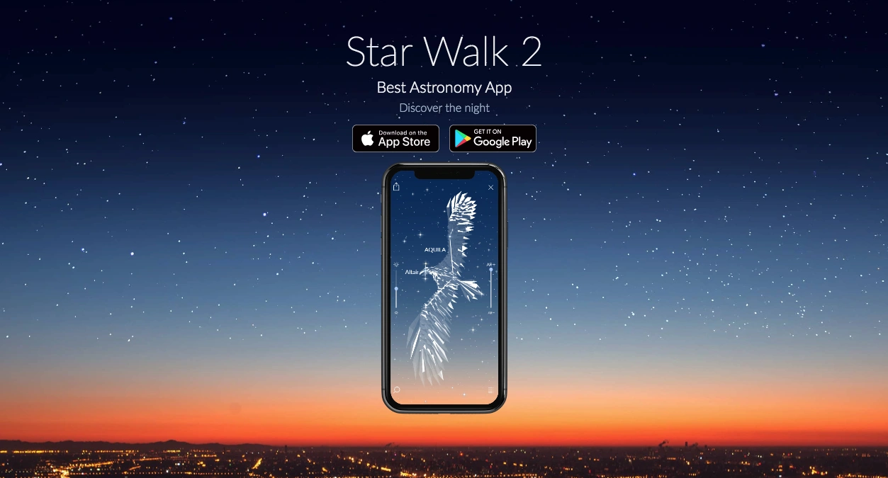 star-walk-2-astronomy-app-night-sky-constellation-mobile Star Walk 2 astronomy app showing constellation patterns on mobile phone screen with night sky background for educational stargazing experience.