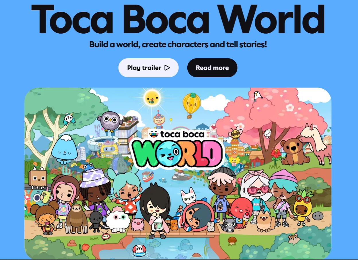 toca-boca-world-game-characters Toca Boca World game screenshot with diverse characters and the Toca Boca World logo.