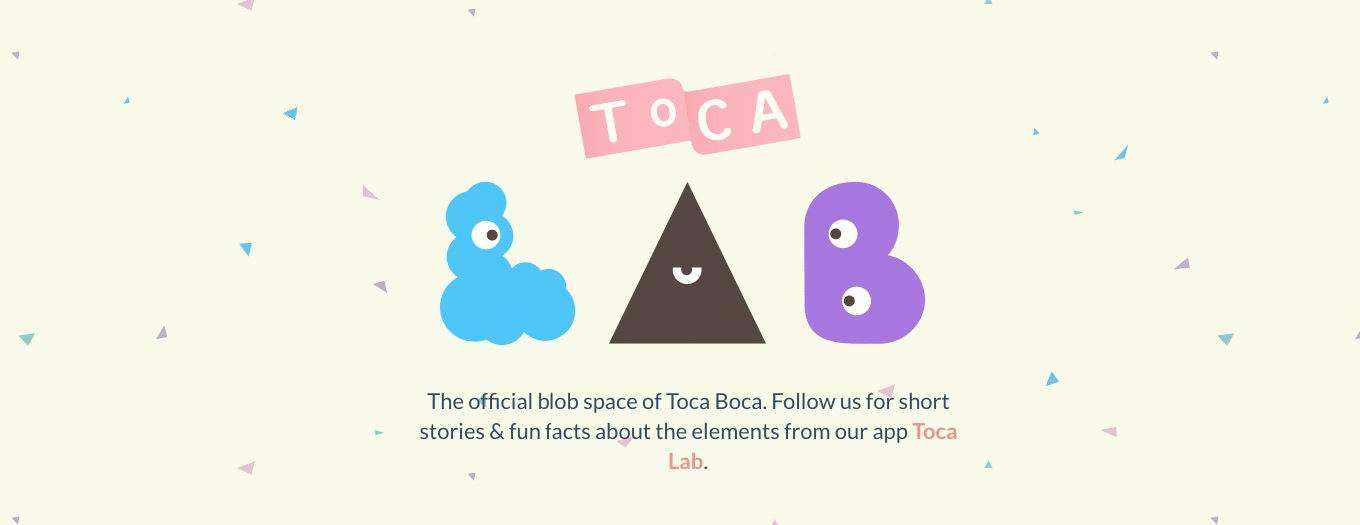 toca-lab-elements-app-characters-chemistry-kids Toca Lab Elements app characters chemistry kids learning interface showing blue cloud, triangle and purple blob mascots for educational science games.