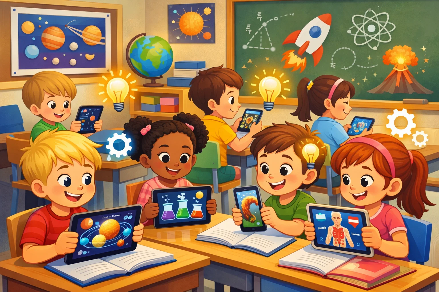 Children engaged with effective science learning apps, interacting and exploring science topics. 

