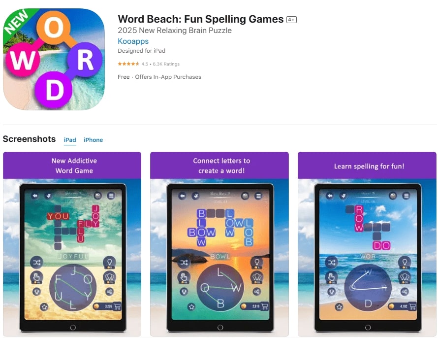 word-beach-fun-spelling-games-app Word beach fun spelling games app screenshots on a tablet.