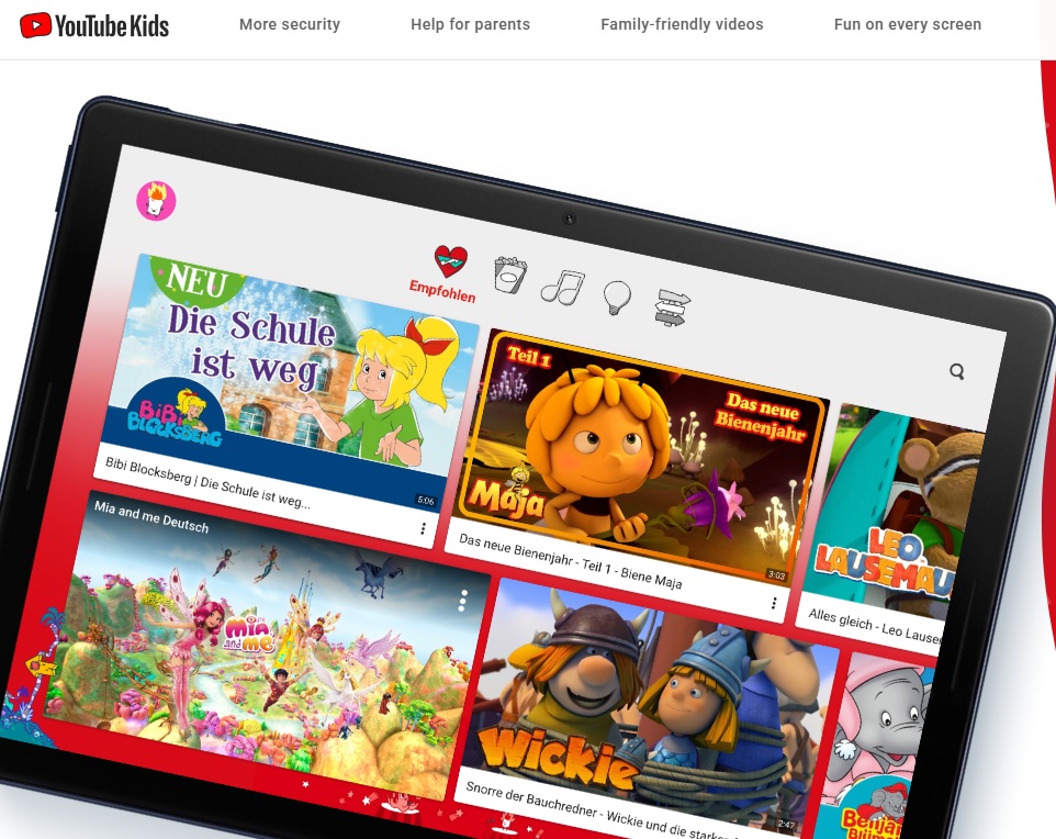 youtube-kids-app-tablet YouTube Kids app interface on a tablet showing various video thumbnails.