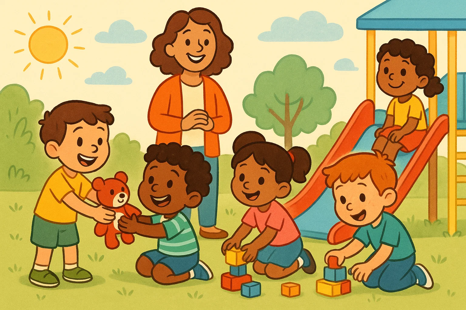 Cartoon of children demonstrating positive behavior under an adult's guidance Cartoon of children demonstrating positive behavior under an adult's guidance