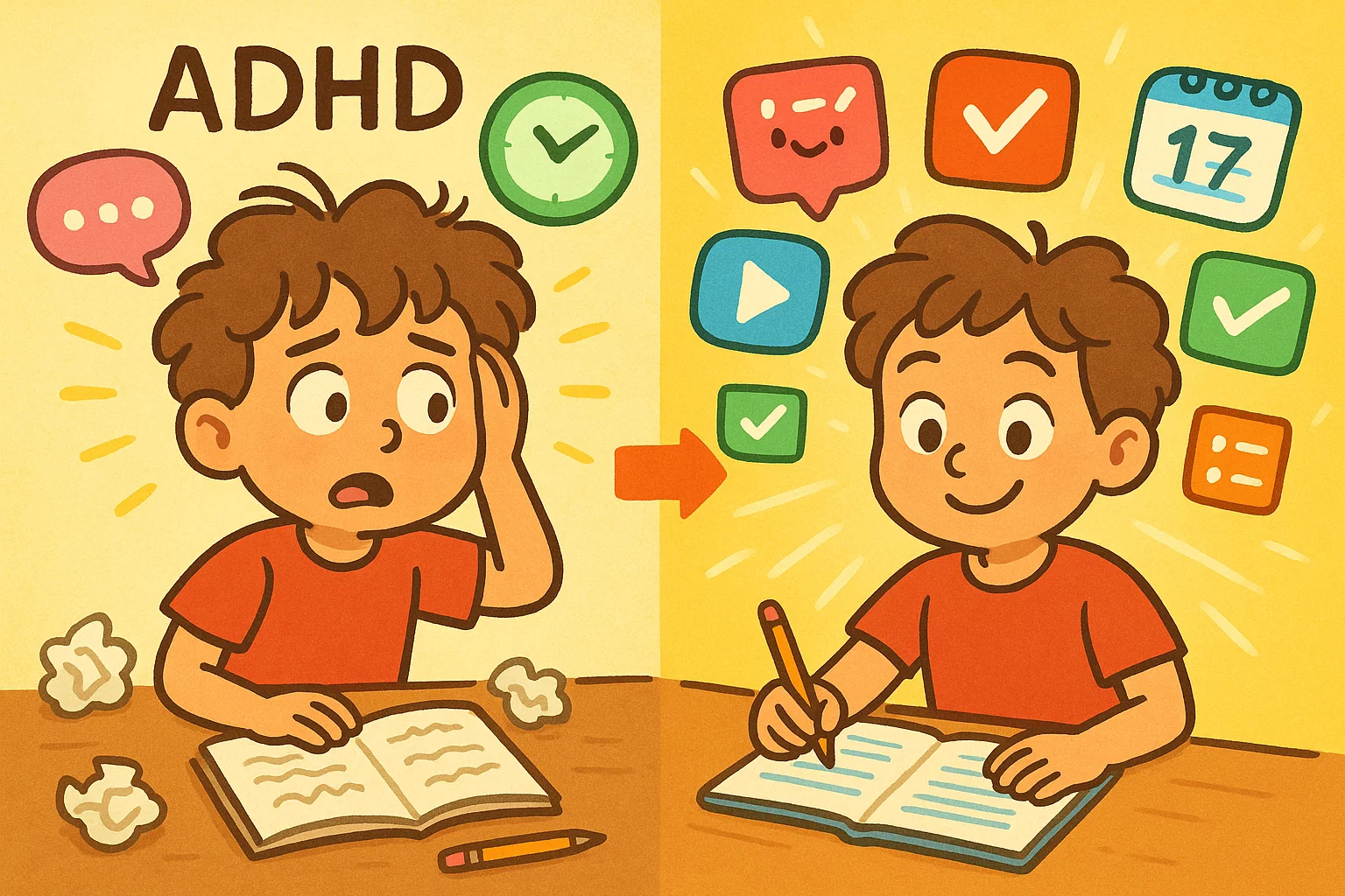 Cartoon of a child with ADHD becoming focused and organized with apps, symbolizing the benefits of management tools.
