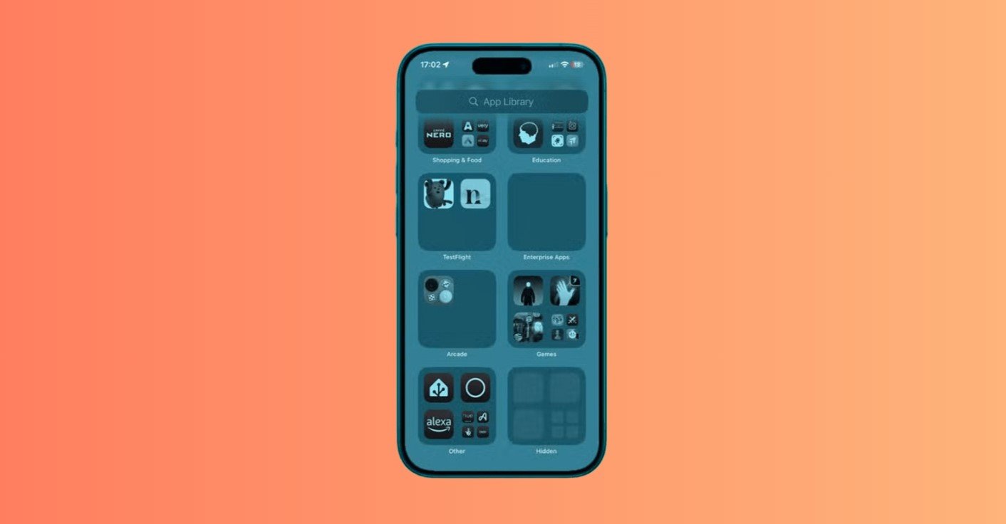 App Library scrolled to bottom, showing 'Hidden' folder, tap to authenticate.