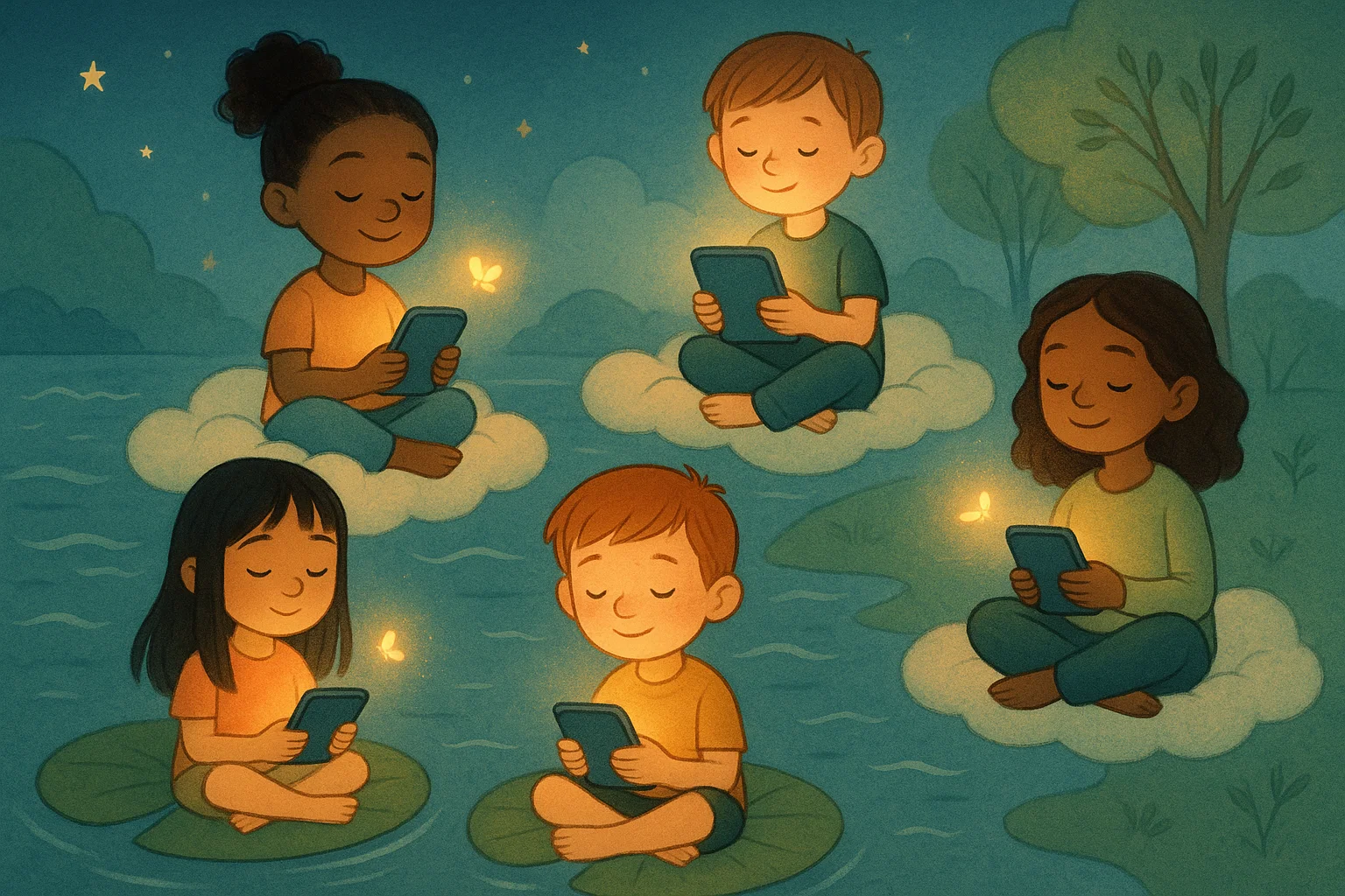 A diverse group of children using meditation apps. A diverse group of children using meditation apps.