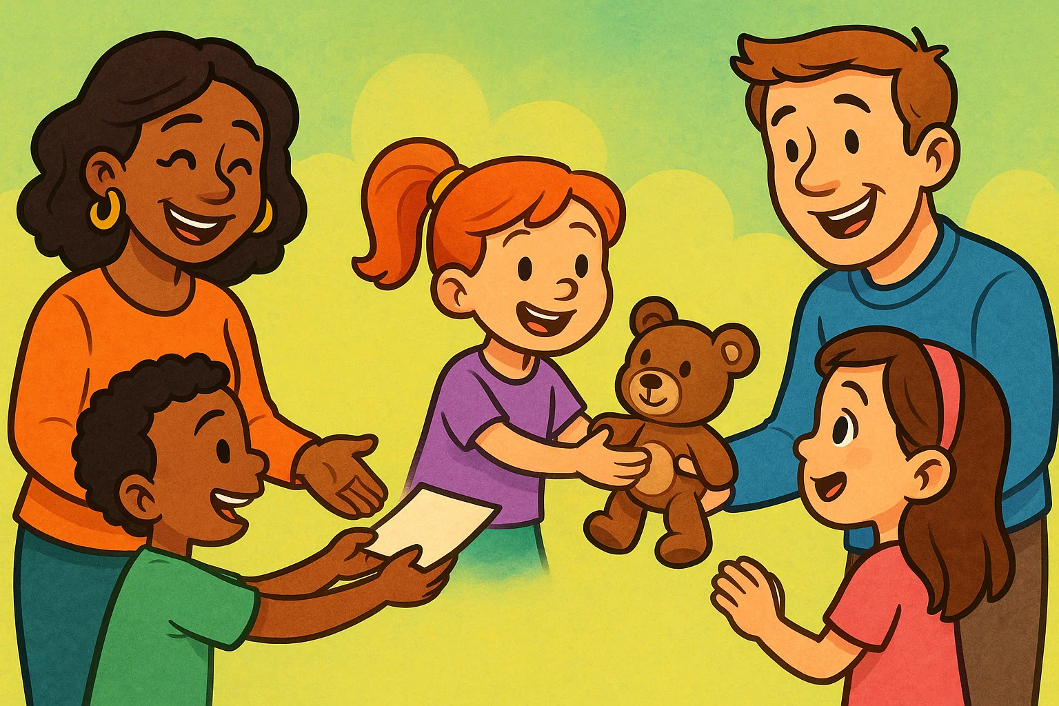 Diverse cartoon family showing acts of respect, politeness, and kindness.