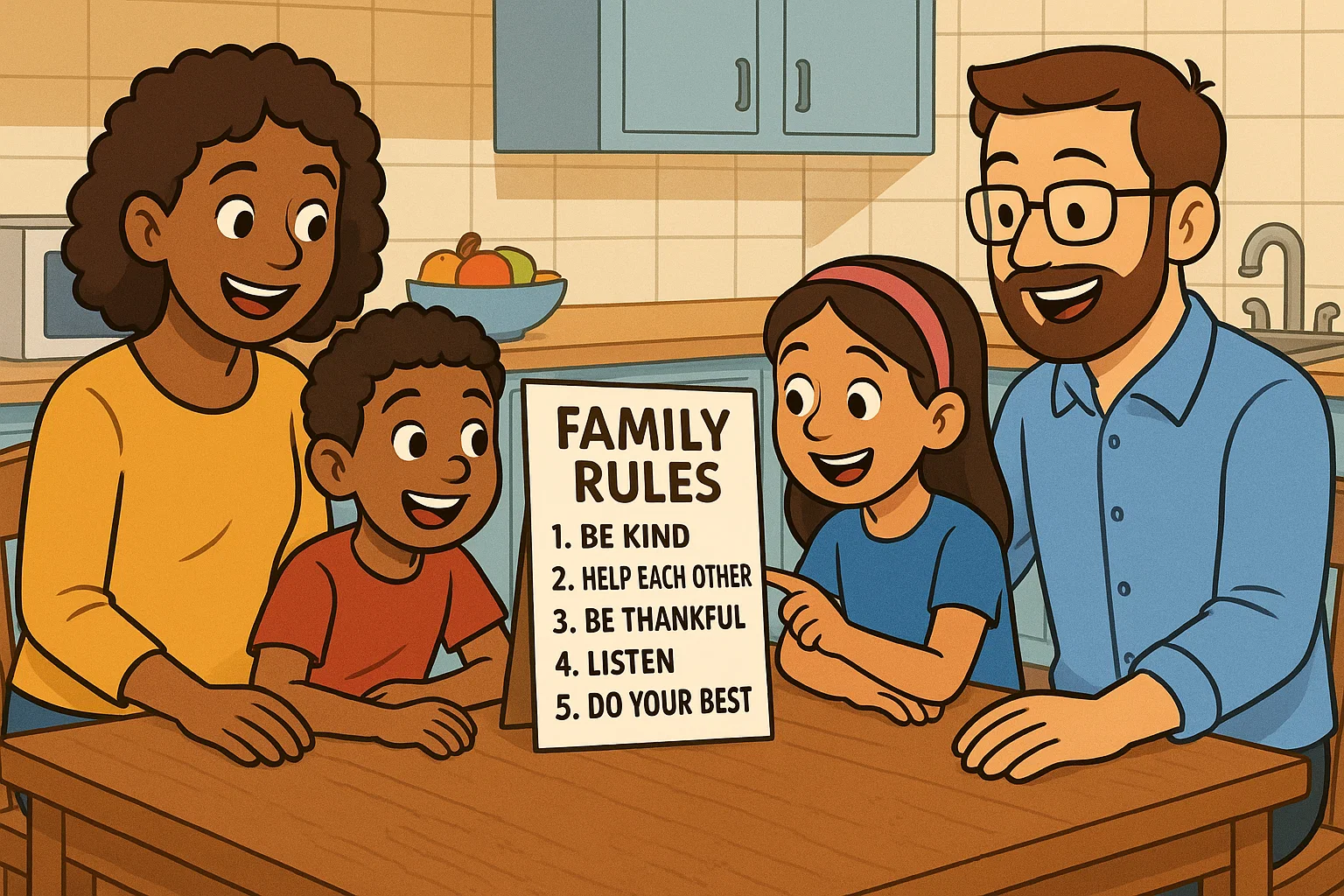 Cartoon family collaborating on rules at a table, showing discussions for school-aged children