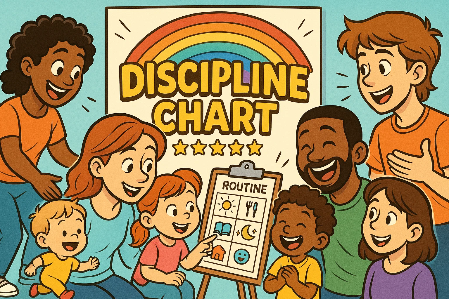 Diverse cartoon families happily demonstrating age-appropriate discipline, with a colorful chart in the background, symbolizing guidance