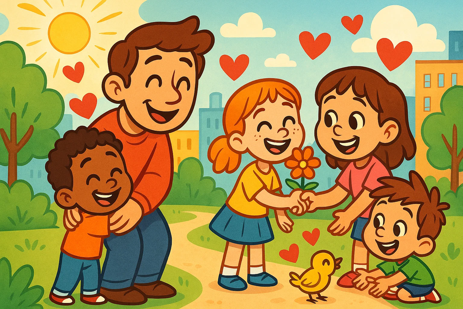 Playful cartoon children express gratitude with hugs, gifts, and helping nature in a bright, friendly style