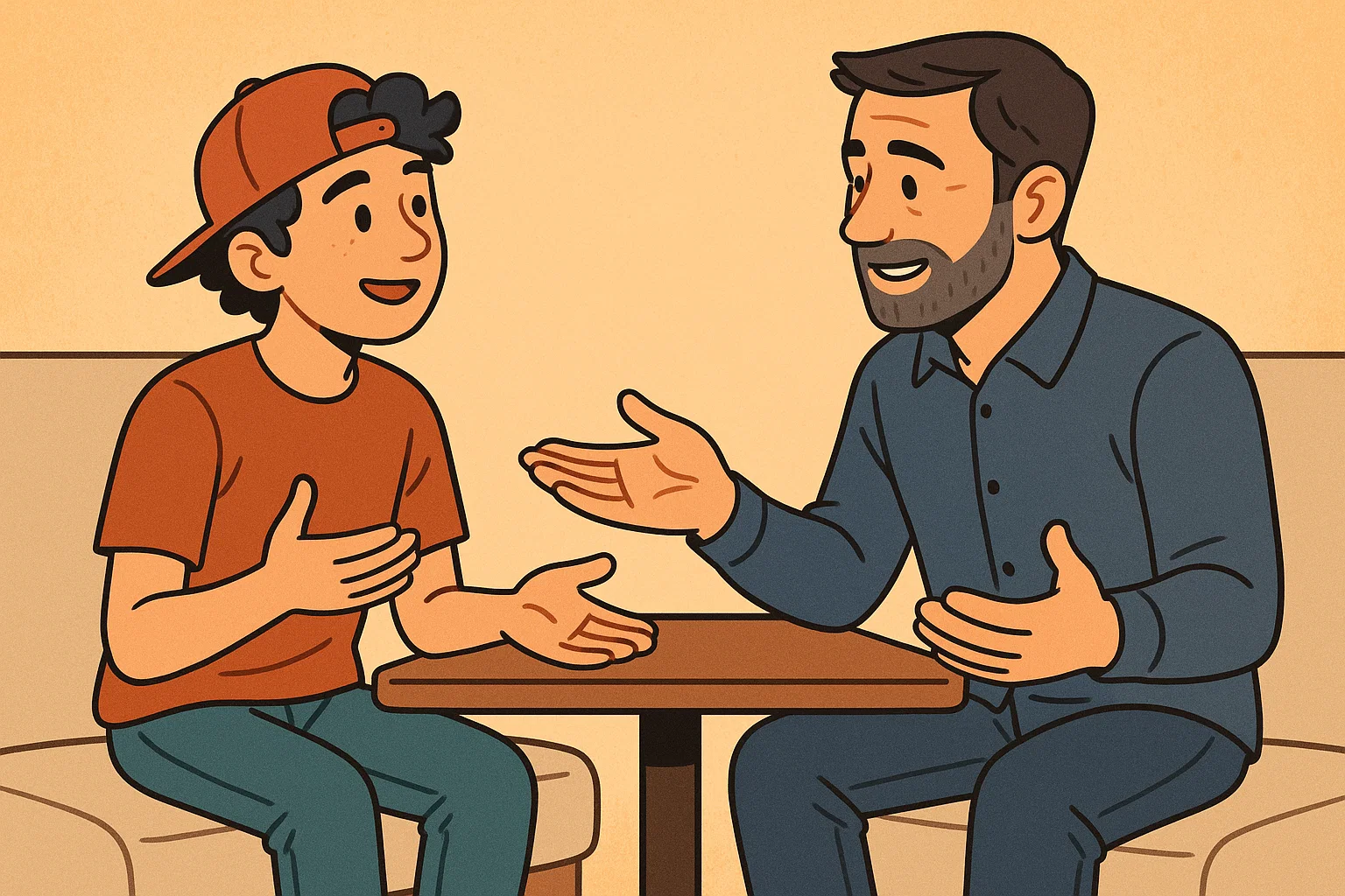 Cartoon teenager and parent having a calm, respectful conversation, representing open communication