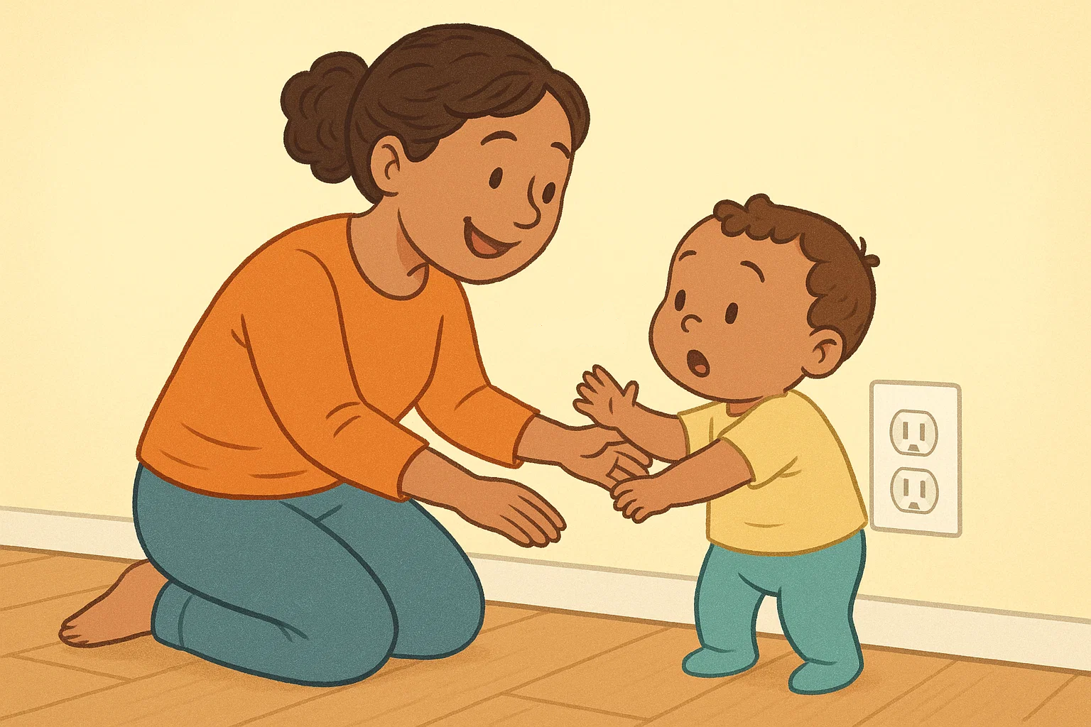 Cartoon parent gently redirecting a toddler from a forbidden item, showing safe discipline