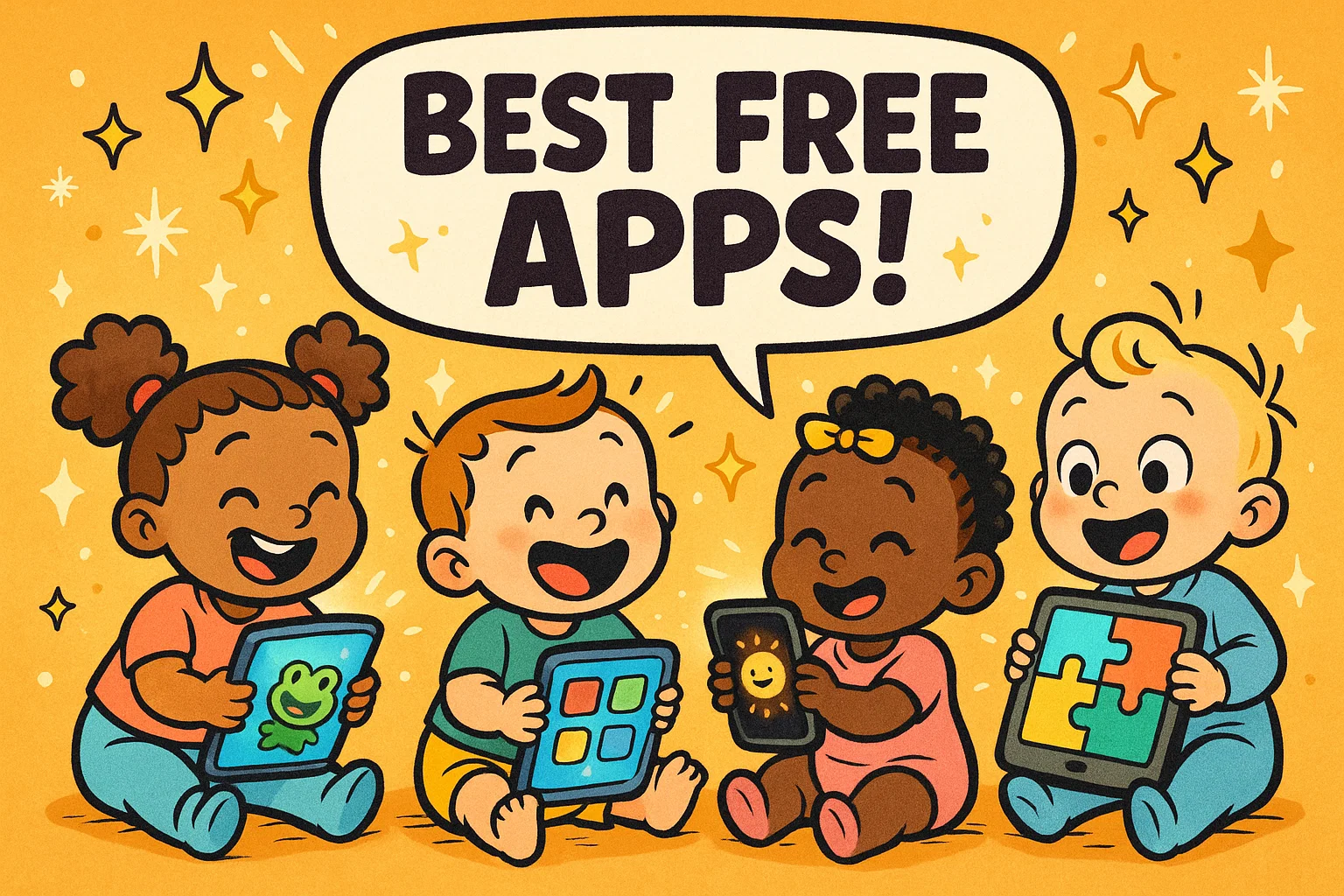 Cartoon toddlers enjoying best free apps on tablets and phones. Cartoon toddlers enjoying best free apps on tablets and phones.
