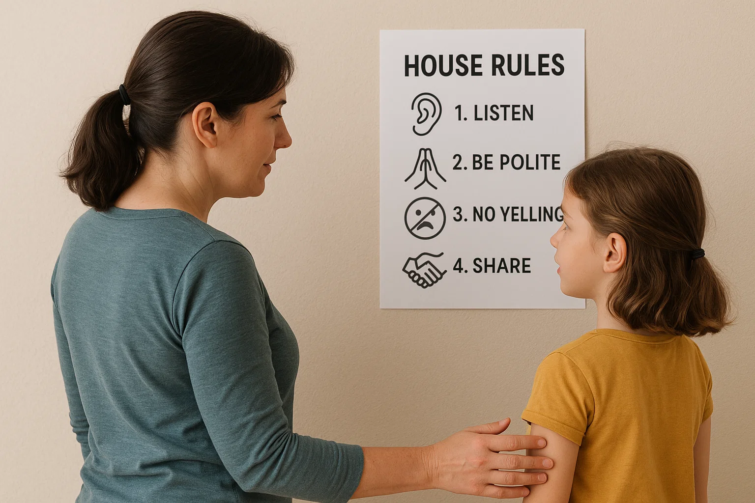 Parent and child reviewing clear household rules for respectful behavior Parent and child reviewing clear household rules for respectful behavior