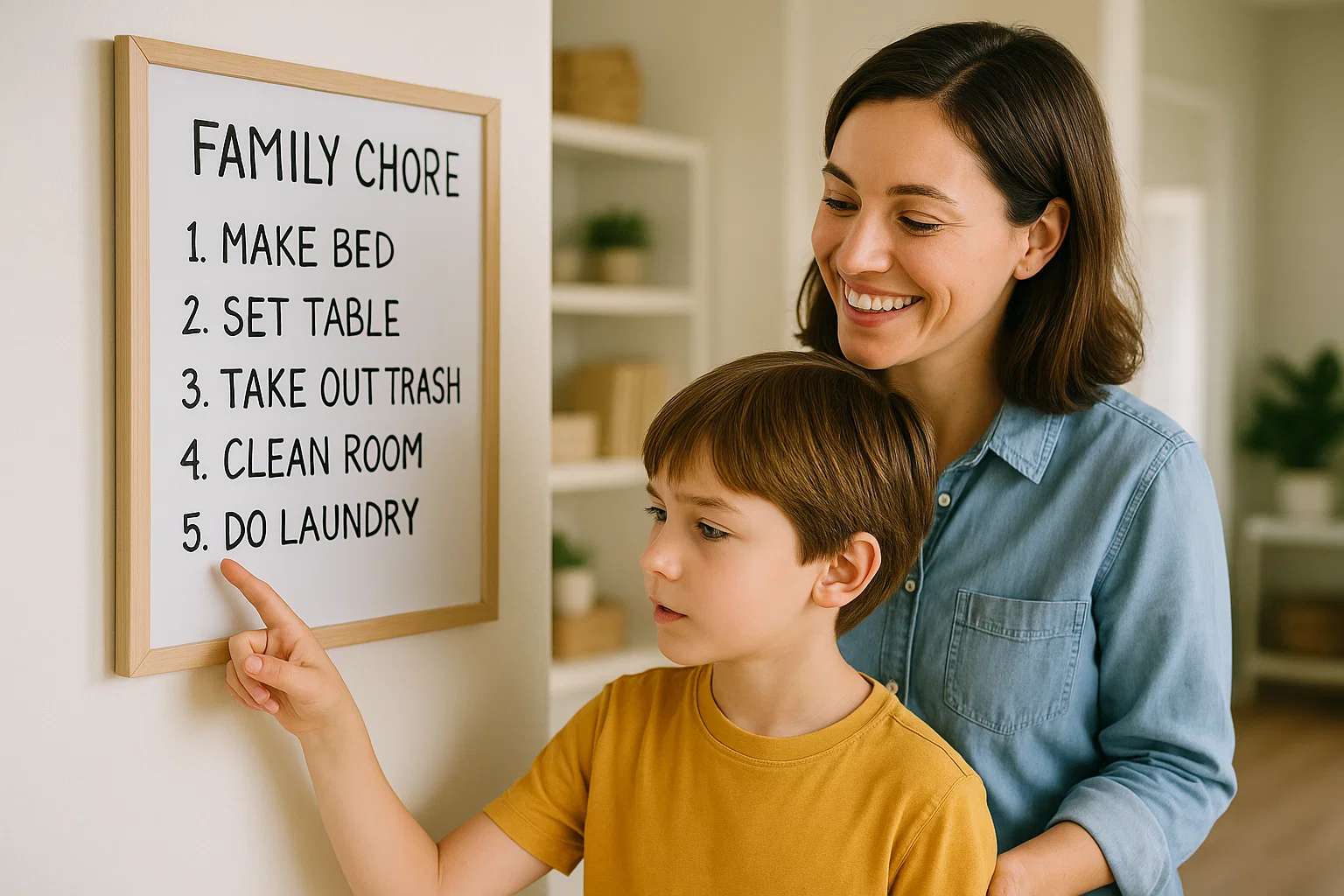 Parent and child reviewing a chore board, illustrating how to set clear expectations. Parent and child reviewing a chore board, illustrating how to set clear expectations.