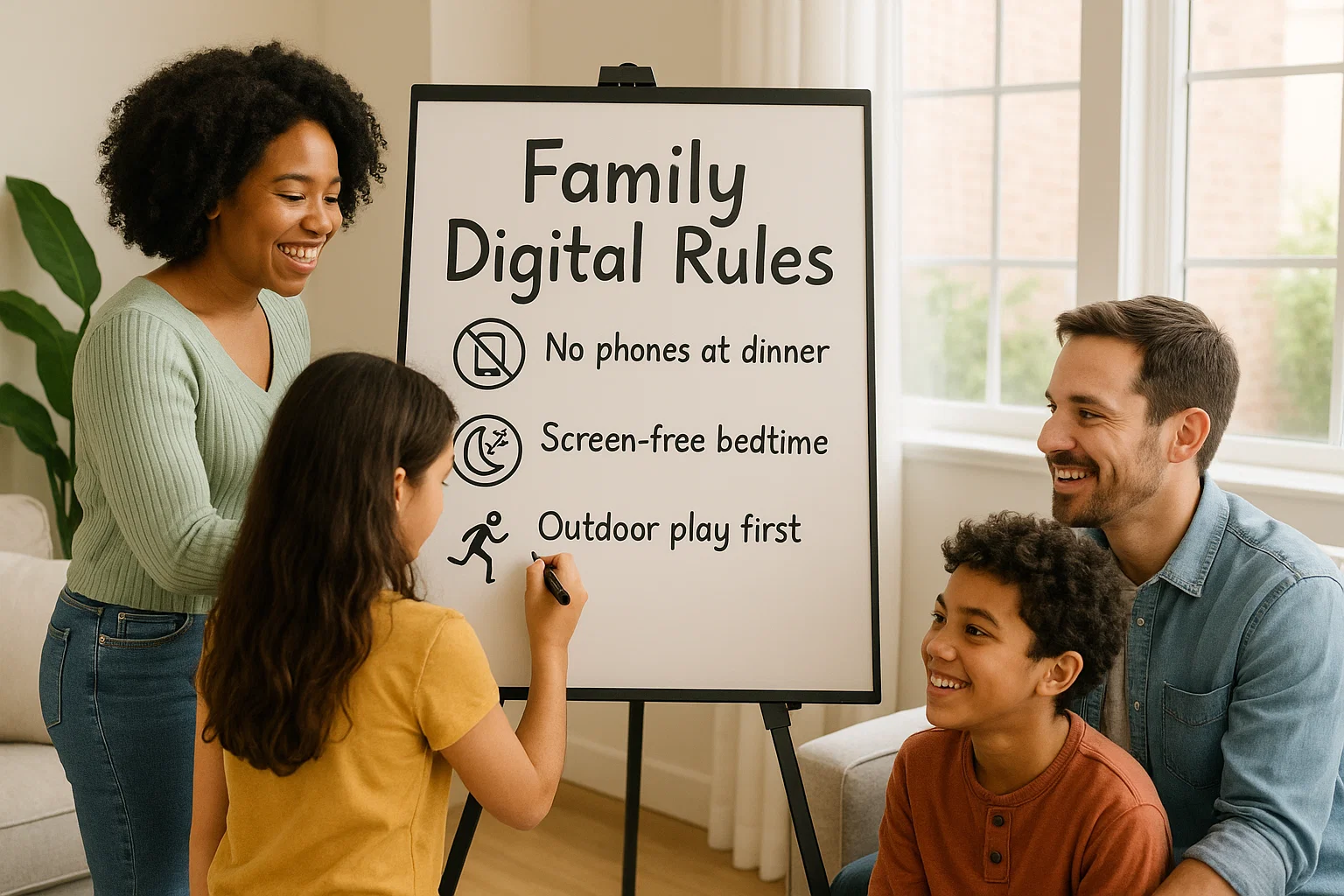 Family Creating Digital Rules on Whiteboard Family writing 'Family Digital Rules' on a whiteboard, creating healthy habits and boundaries for family time and media use.