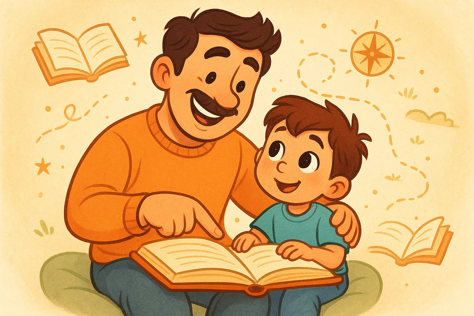 A cartoon illustration of a father and son reading a book, with symbolic elements of guidance and adventure. A cartoon illustration of a father and son reading a book, with symbolic elements of guidance and adventure.