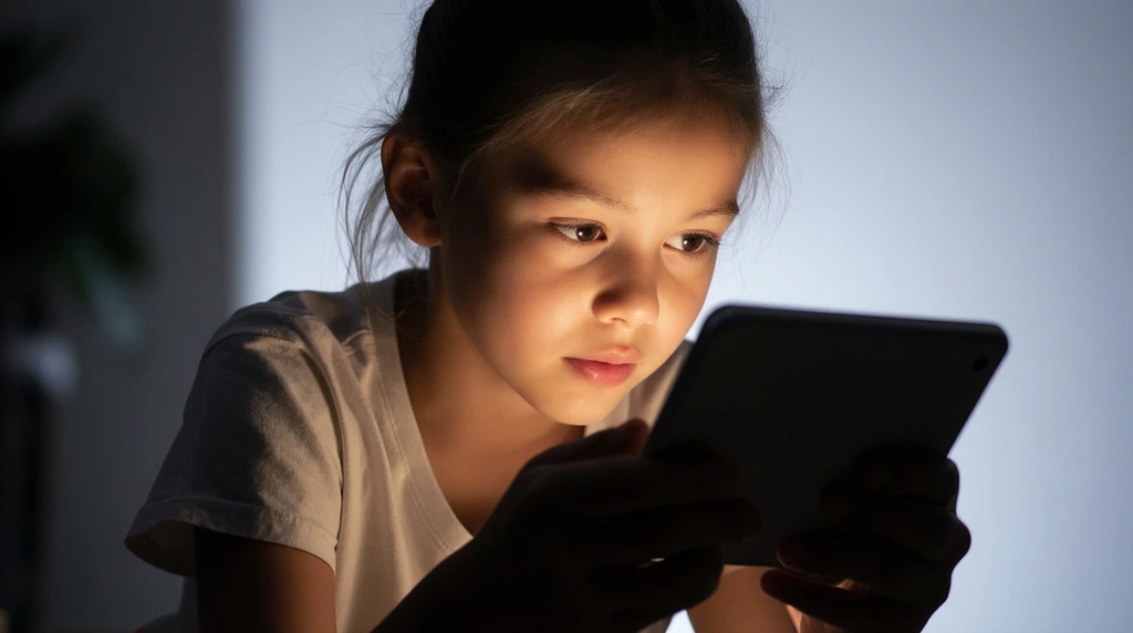 A child watches a video on a tablet, with no distractions.