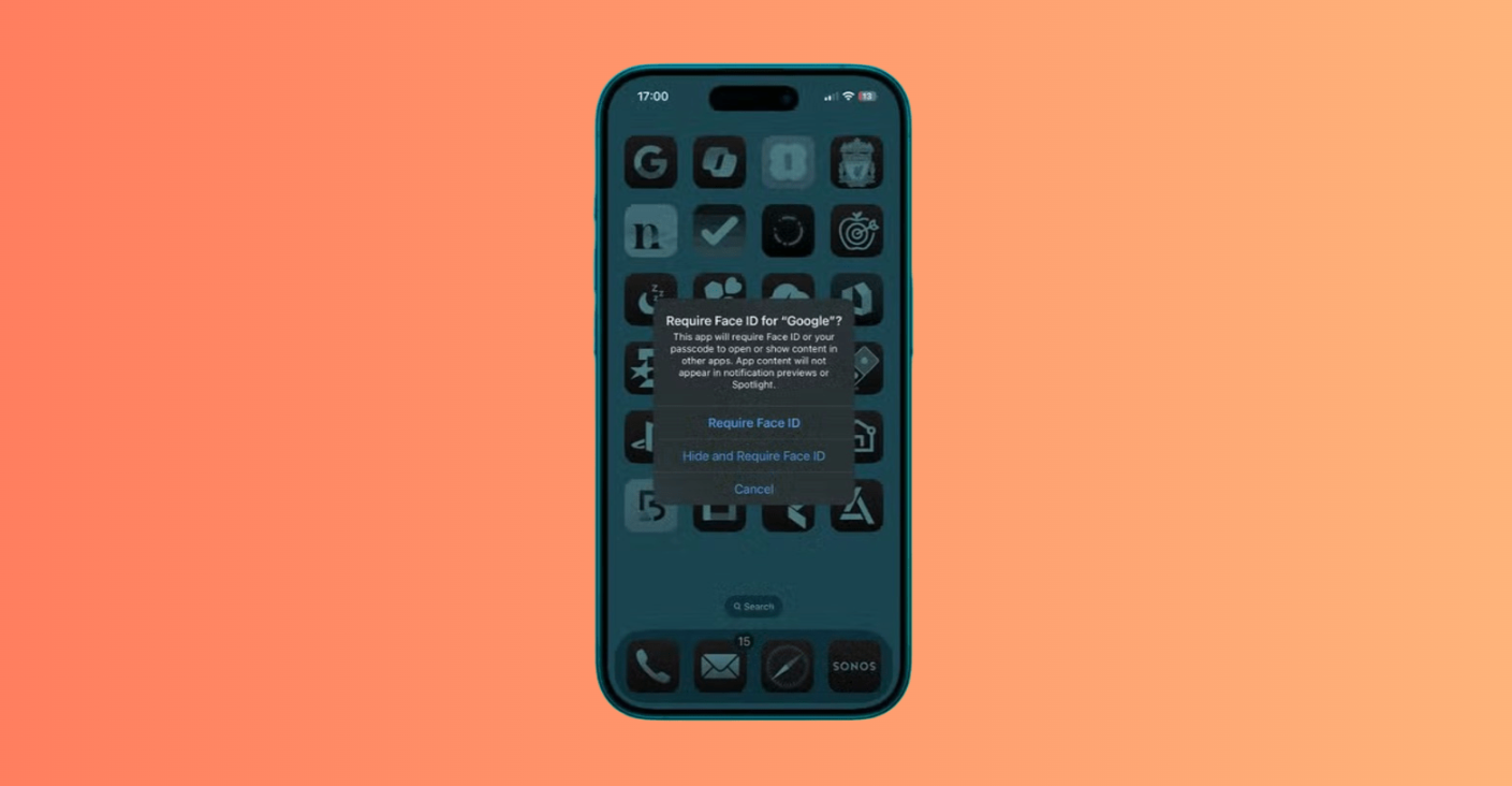 Confirmation dialogue with 'Hide and Require Face ID' option to tap. Confirmation dialogue with 'Hide and Require Face ID' option to tap.